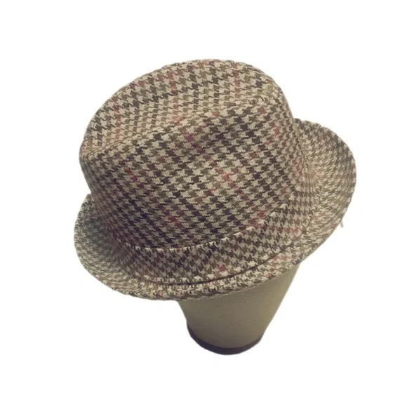 Vintage brown and red gingham stripe structure Tweed casual unisex fedora hat OS - Picture 4 of 5